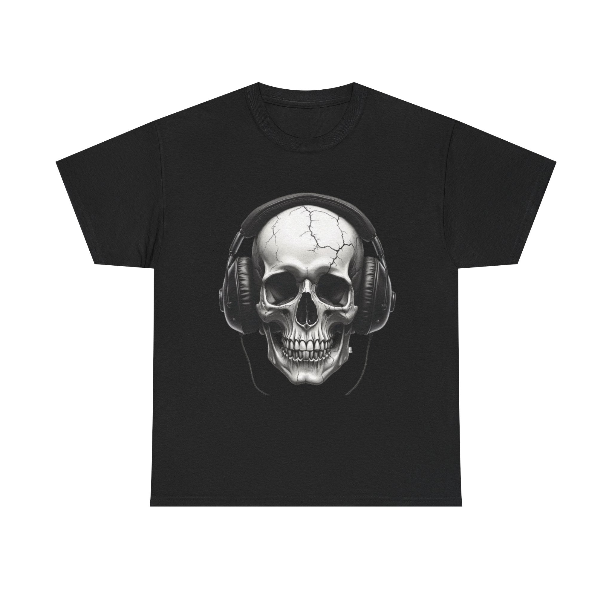 Skull Headphone Tee – Unisex Heavy Cotton Shirt, Music Lover Gift, Edgy Graphic Tee, Halloween Outfit, Unique Streetwear