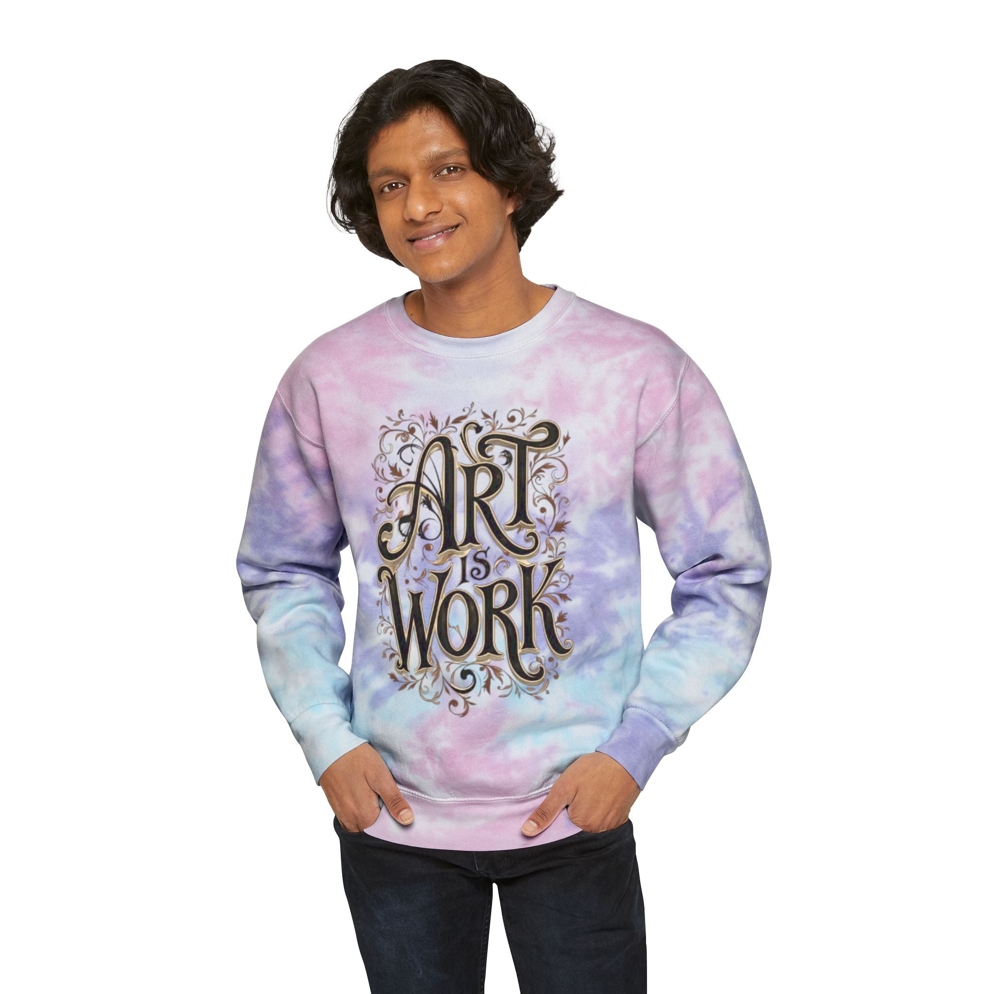Art is Work Tie-Dye Sweatshirt, Unisex Graphic Sweater, Trendy Artsy Apparel, Gift for Creatives, Comic Lovers, Casual Wear