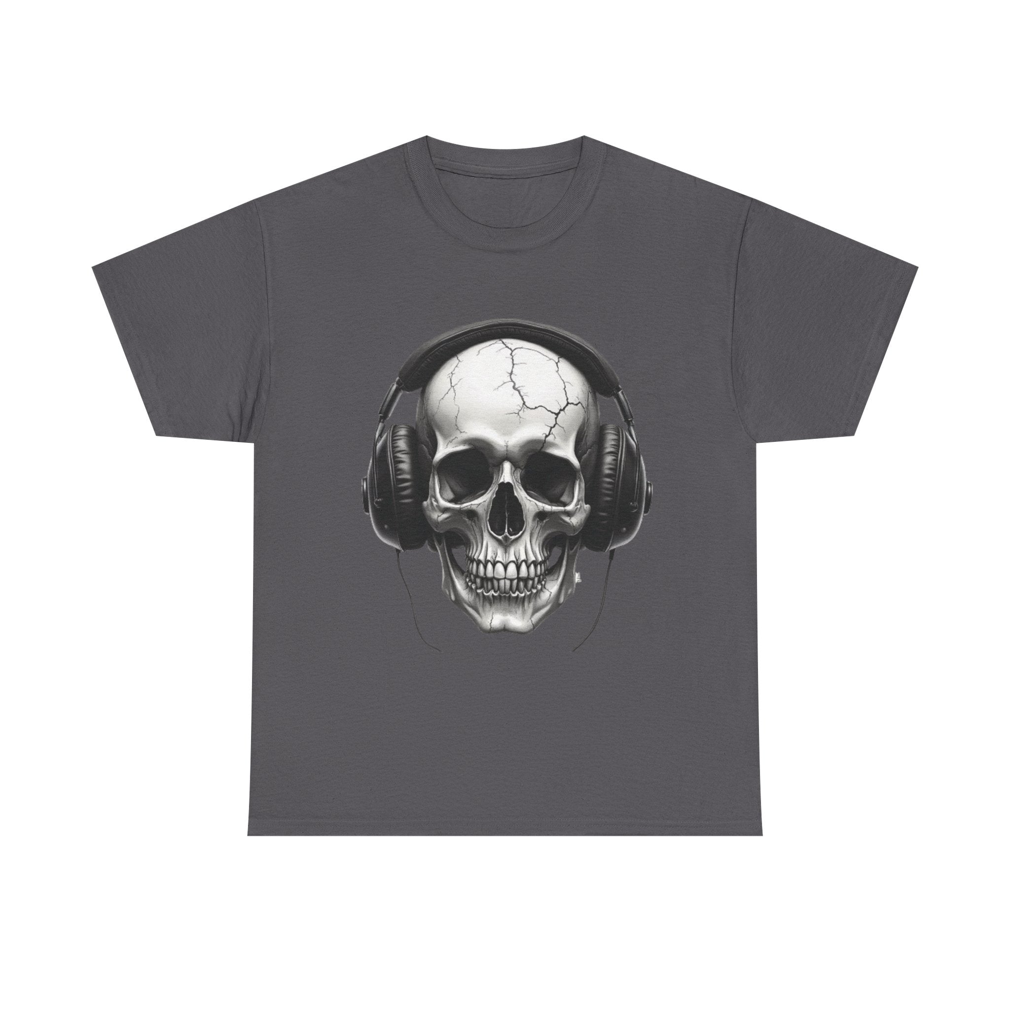 Skull Headphone Tee – Unisex Heavy Cotton Shirt, Music Lover Gift, Edgy Graphic Tee, Halloween Outfit, Unique Streetwear
