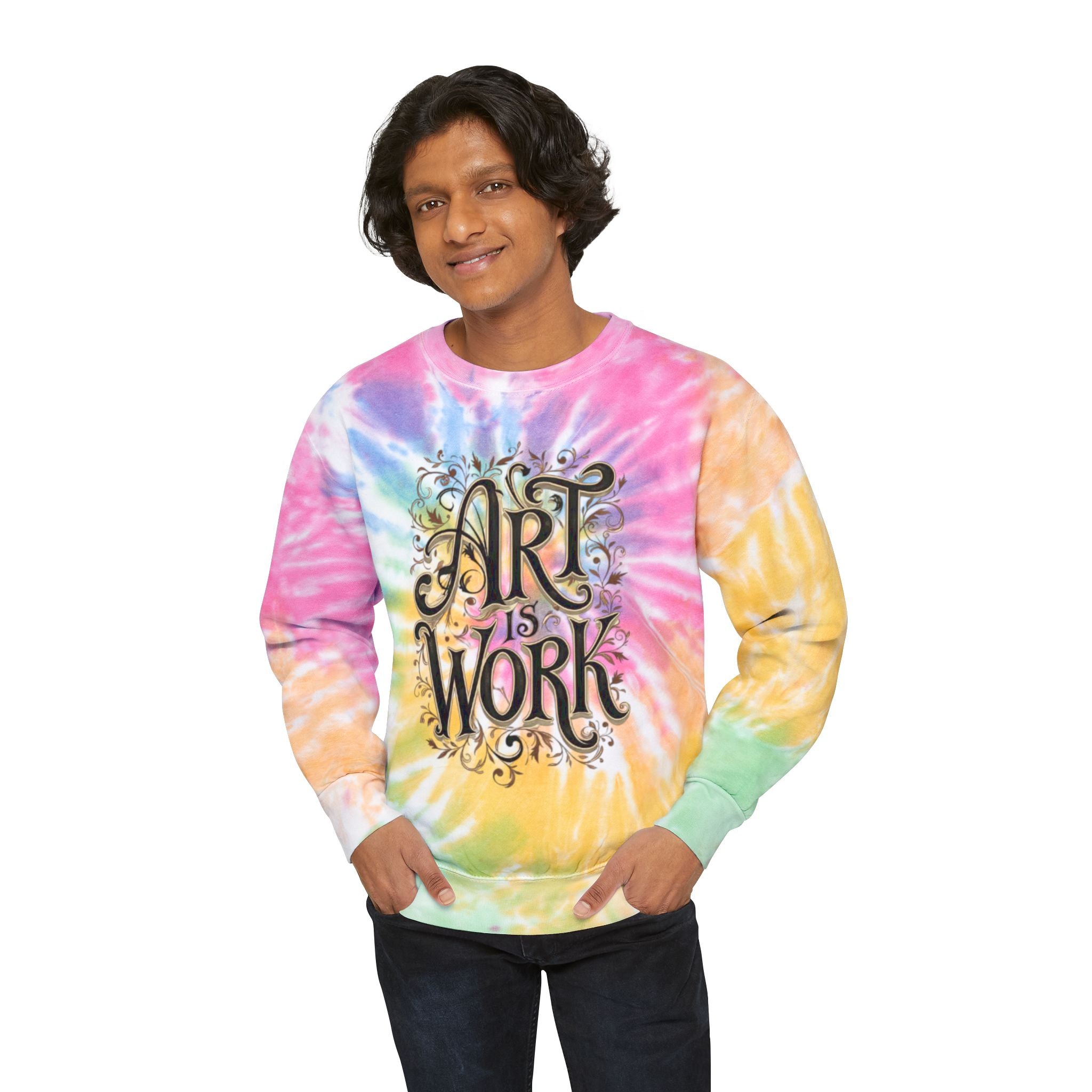 Art is Work Tie-Dye Sweatshirt, Unisex Graphic Sweater, Trendy Artsy Apparel, Gift for Creatives, Comic Lovers, Casual Wear