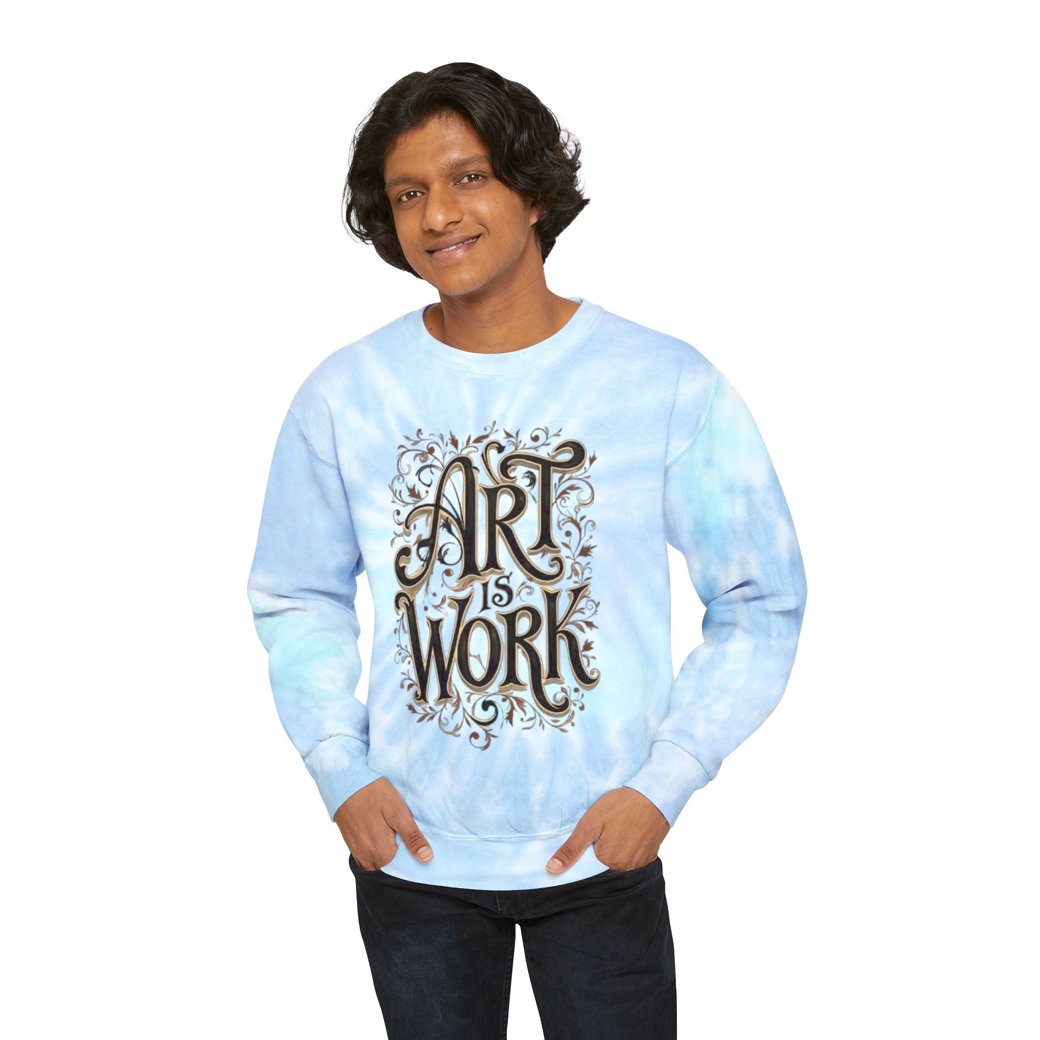 Art is Work Tie-Dye Sweatshirt, Unisex Graphic Sweater, Trendy Artsy Apparel, Gift for Creatives, Comic Lovers, Casual Wear