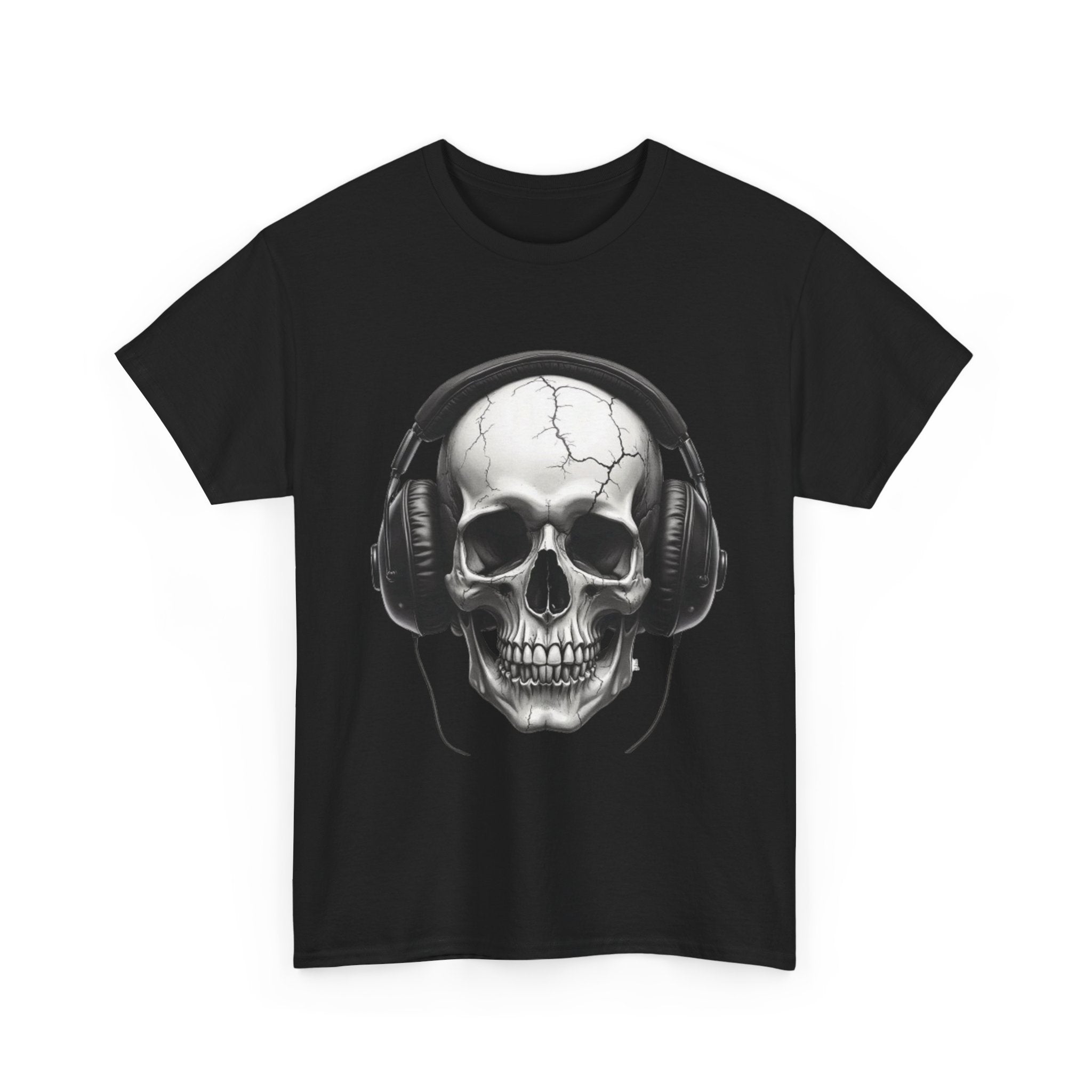Skull Headphone Tee – Unisex Heavy Cotton Shirt, Music Lover Gift, Edgy Graphic Tee, Halloween Outfit, Unique Streetwear