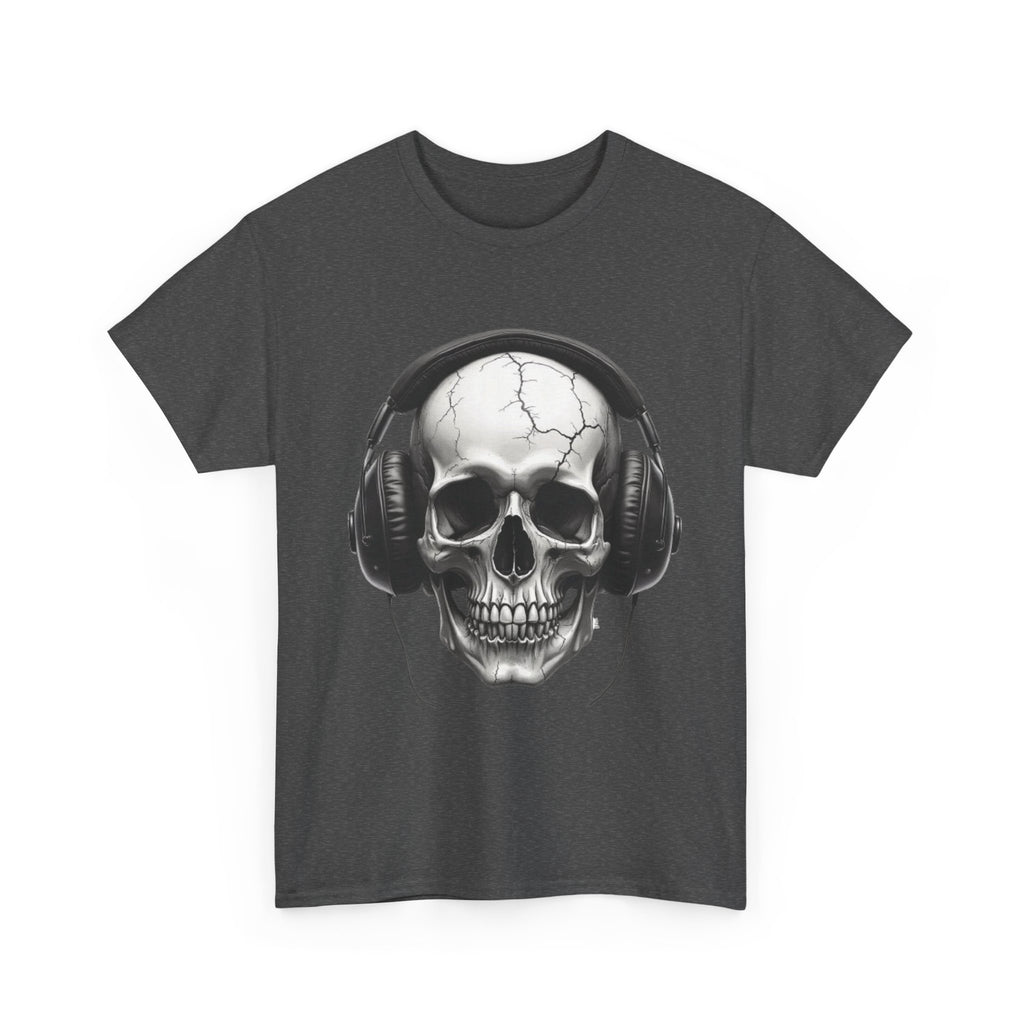 Skull Headphone Tee – Unisex Heavy Cotton Shirt, Music Lover Gift, Edgy Graphic Tee, Halloween Outfit, Unique Streetwear