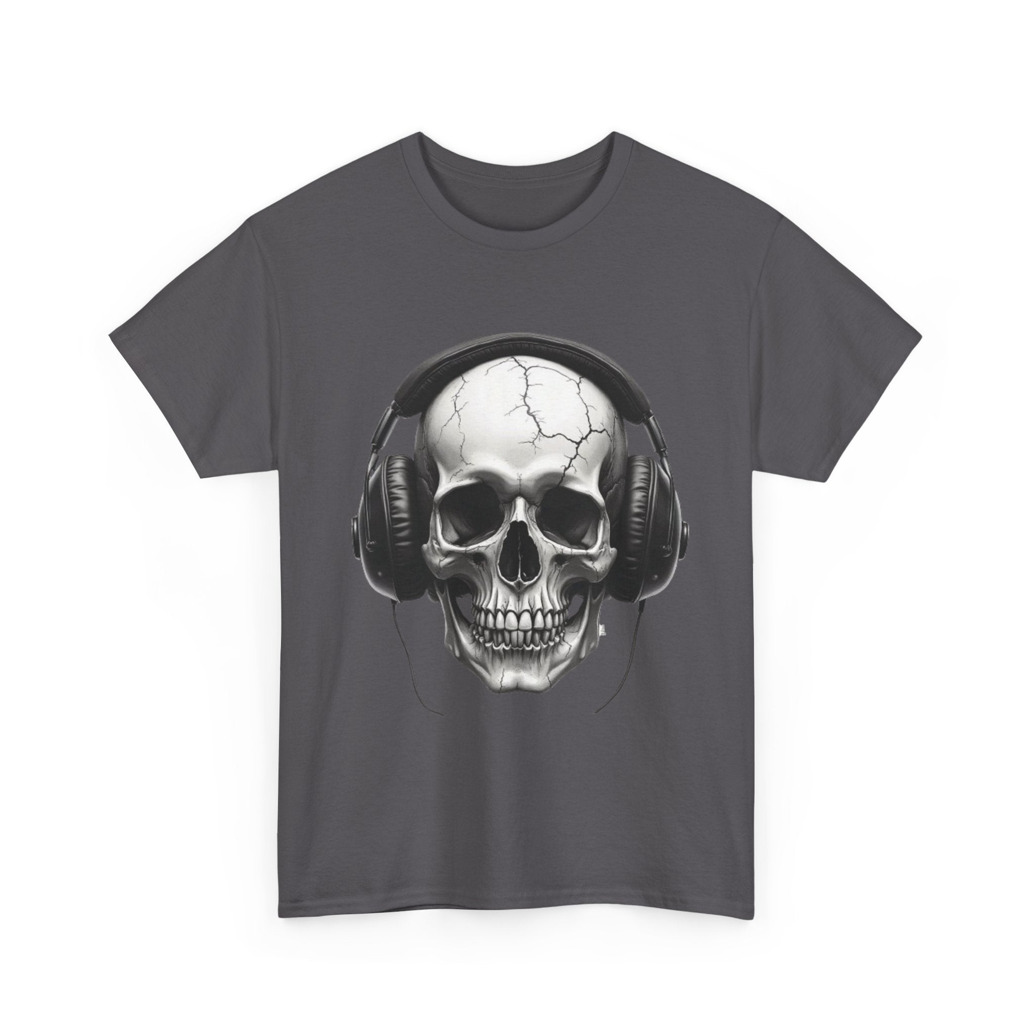 Skull Headphone Tee – Unisex Heavy Cotton Shirt, Music Lover Gift, Edgy Graphic Tee, Halloween Outfit, Unique Streetwear