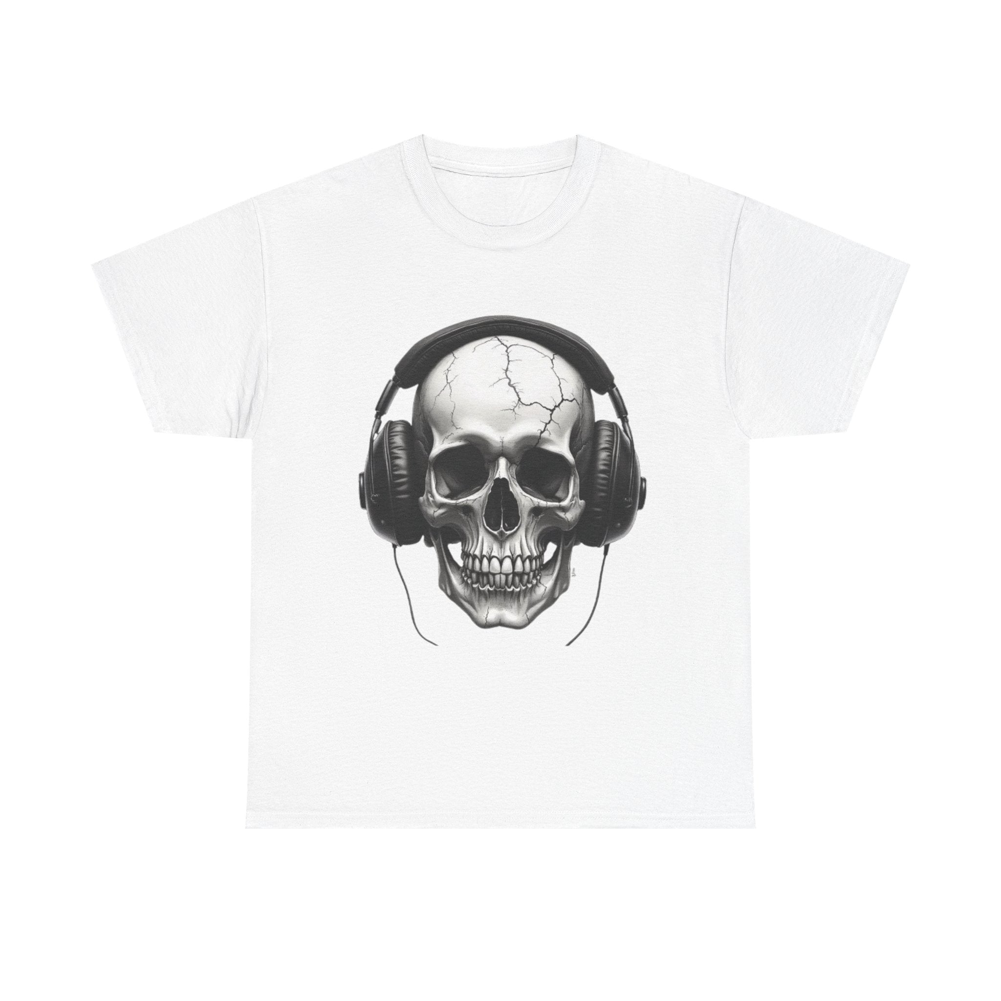 Skull Headphone Tee – Unisex Heavy Cotton Shirt, Music Lover Gift, Edgy Graphic Tee, Halloween Outfit, Unique Streetwear