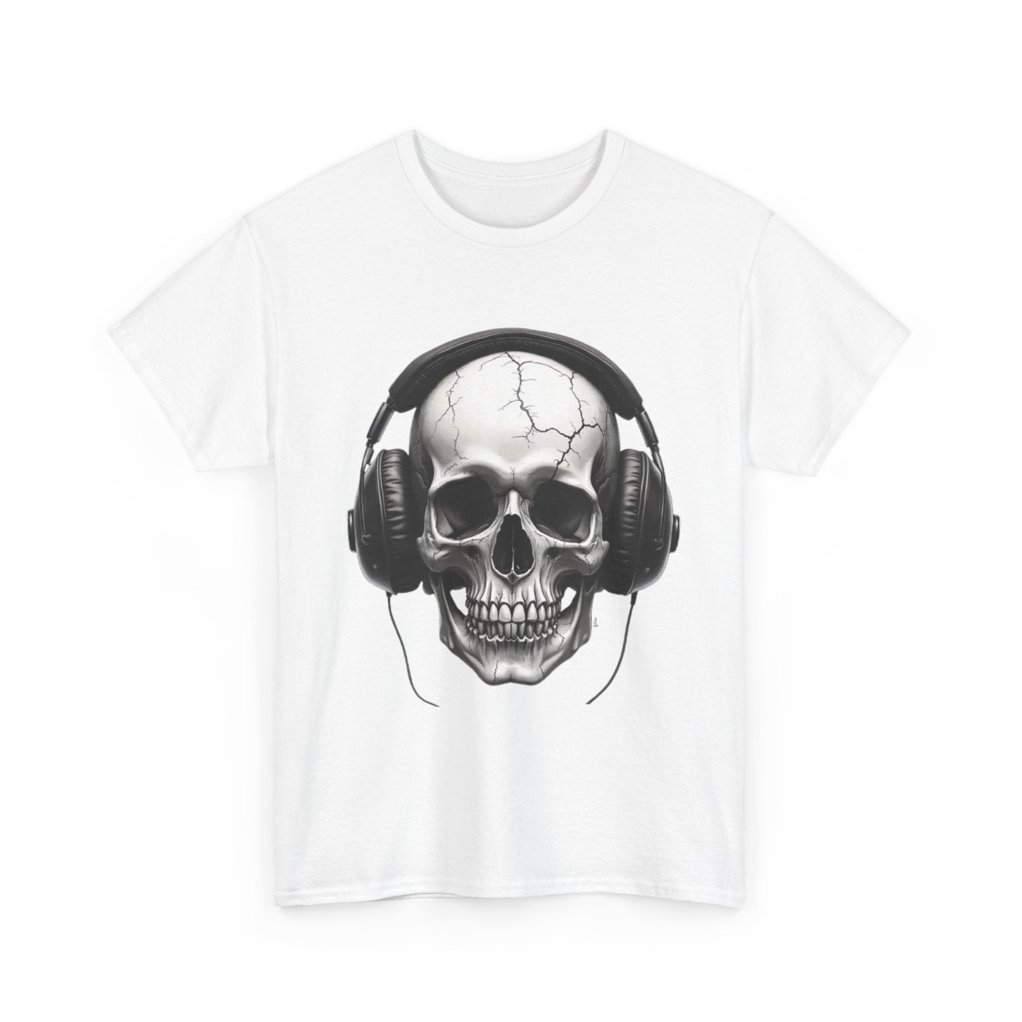 Skull Headphone Tee – Unisex Heavy Cotton Shirt, Music Lover Gift, Edgy Graphic Tee, Halloween Outfit, Unique Streetwear