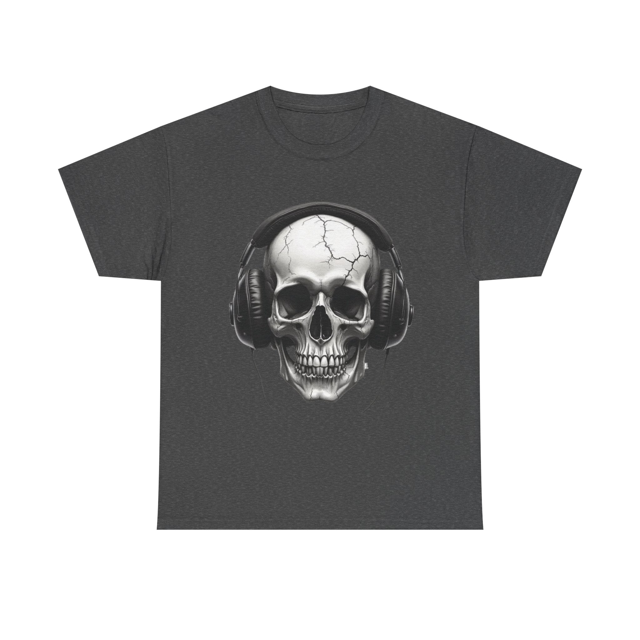 Skull Headphone Tee – Unisex Heavy Cotton Shirt, Music Lover Gift, Edgy Graphic Tee, Halloween Outfit, Unique Streetwear
